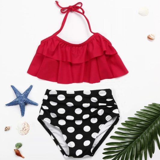 2PCS Red Ruffle Halter Bikini with Polka Dot Bottom - ChildAngle
