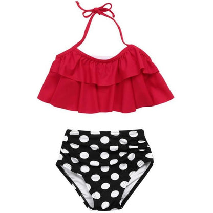 2PCS Red Ruffle Halter Bikini with Polka Dot Bottom - ChildAngle