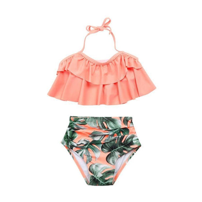 2PCS Ruffle Floral Pink Halter Bikini Swimwear - ChildAngle