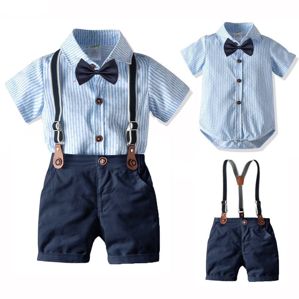 ChildAngle Short Sleeves Blue Striped Bowtie Romper Outfits