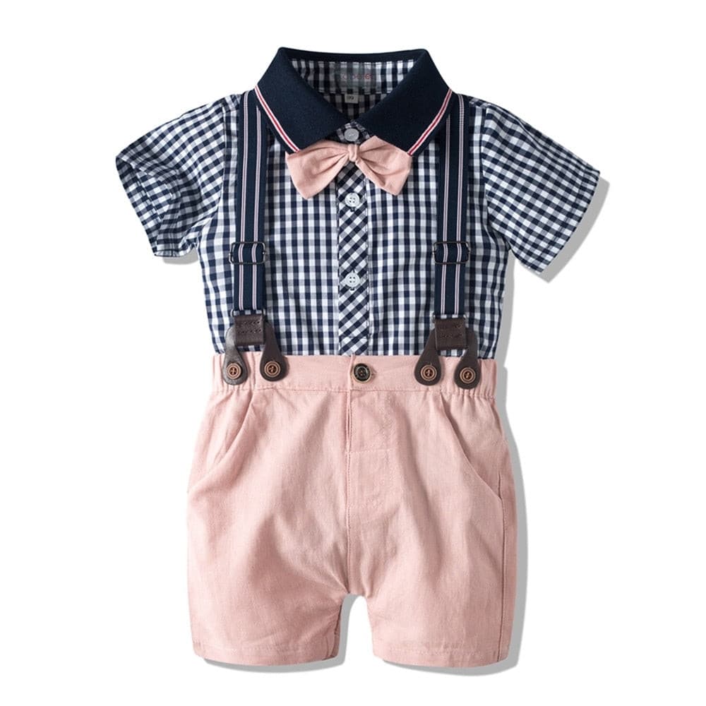 2PCS Toddler Boys Pink Plaid Short Sleeves Romper Outfits Suspender Set for Baby Boy - ChildAngle
