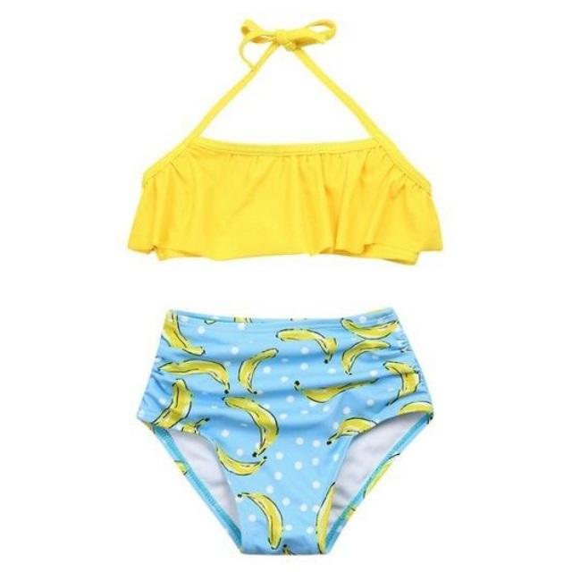 2PCS Yellow Ruffle Halter Swimsuits with Blue Bikini Bottom - ChildAngle