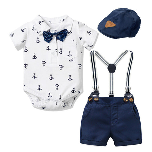 3PCS Baby Boy Anchor Bowtie Romper Suspender Baptism Formal Outfit with Baret Hat - ChildAngle