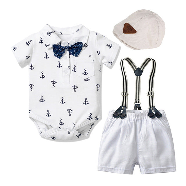 3PCS Baby Boy Bowtie Romper Suspender Baptism Formal Outfit with Baret Hat Newborn Infant Clothing Set - ChildAngle