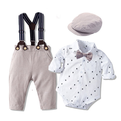 3PCS Baby Boy Bowtie Romper Suspender Pants with Baret Hat - ChildAngle