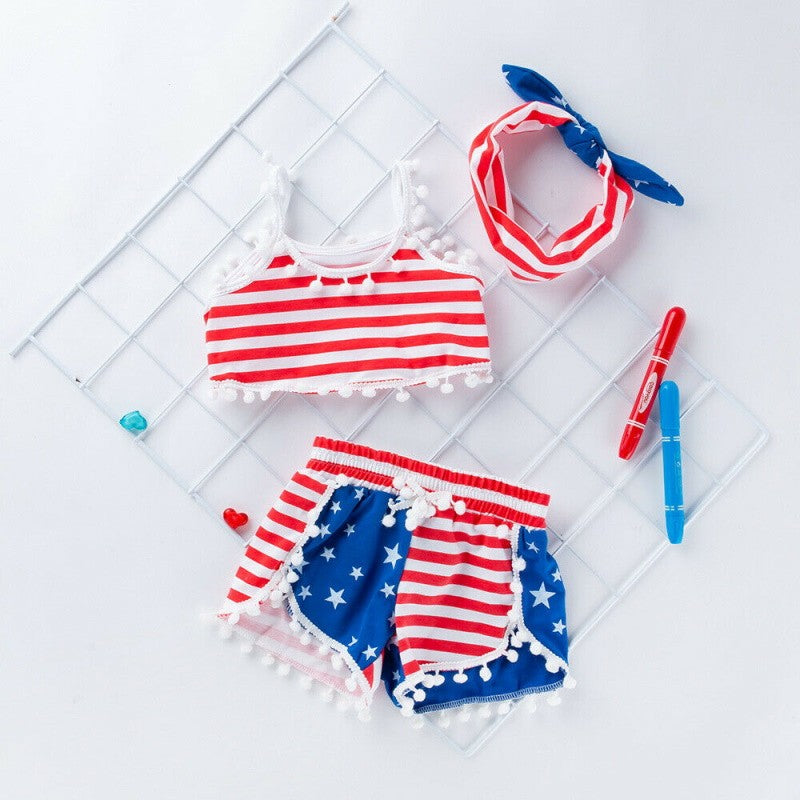 3PCS Baby Girl July 4th Outfit Tassle Kids Tank Tops Shorts with Headband - ChildAngle