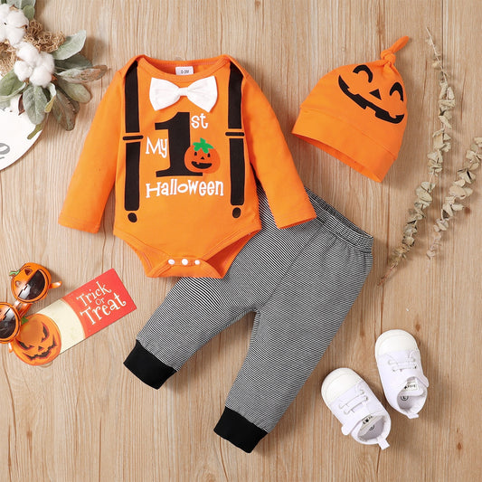3PCS Halloween Letter and Pumpkin Print Bowknot Baby Romper Set - ChildAngle