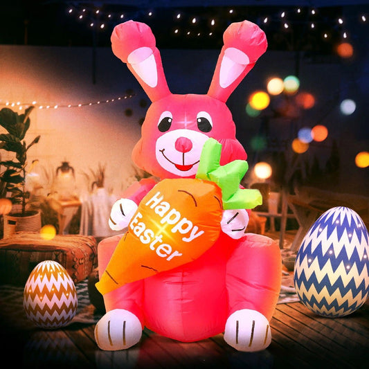 4 Feet Red Bunny with Carrot Happy Easter Inflatable Easter Bunny Blowup Outdoor Toys with Build-in LEDs Yard Lawn Garden Decorations - ChildAngle