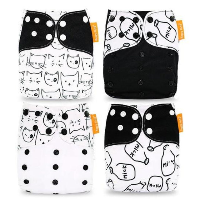 4 Pack Cloth Diaper Reusable Nappy 3-15KG Baby Black White Cat Milk - ChildAngle