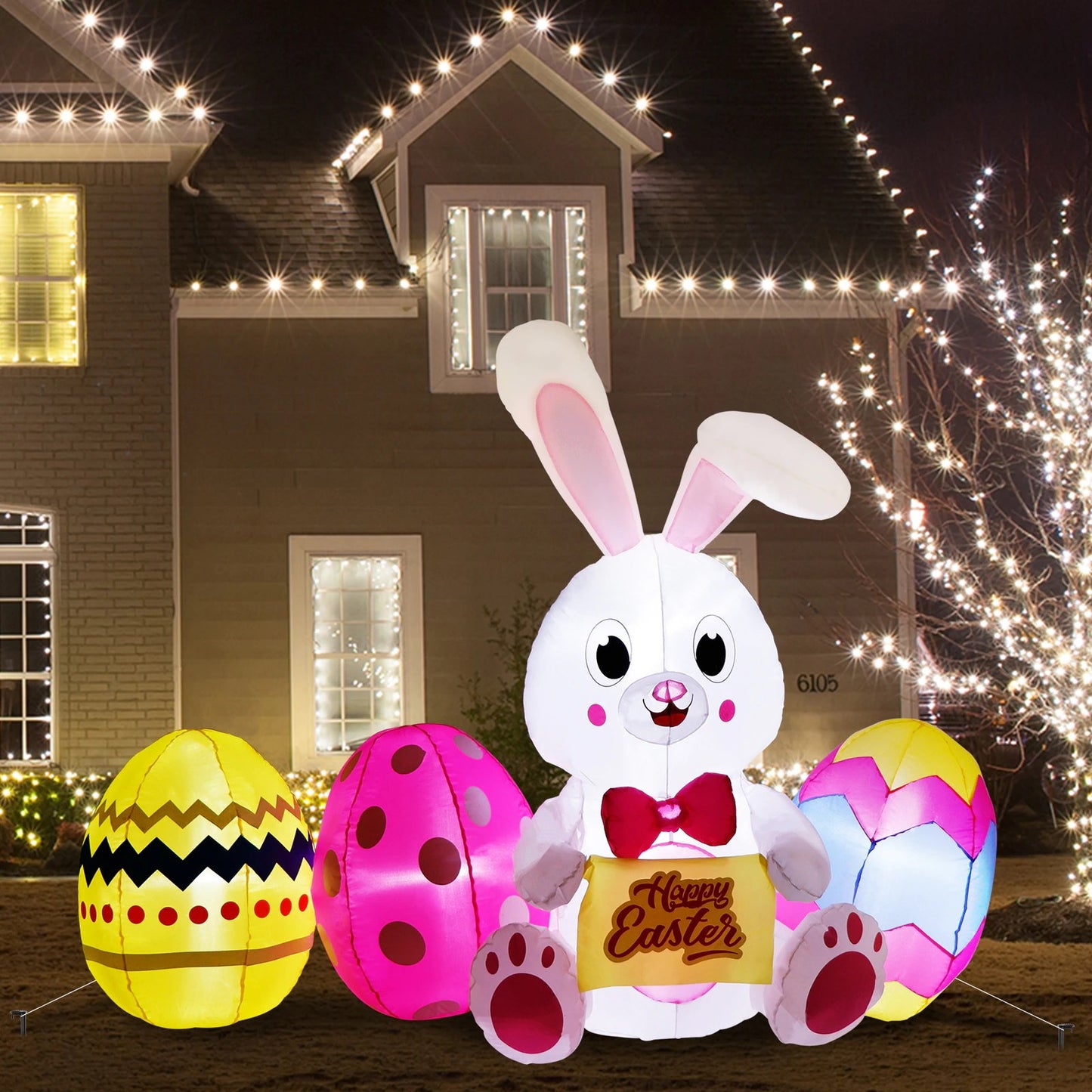 6 Feet Bunny with Color Eggs Inflatable Easter Bunny Blowup Outdoor Toys with Build-in LEDs Yard Lawn Garden Decorations - ChildAngle