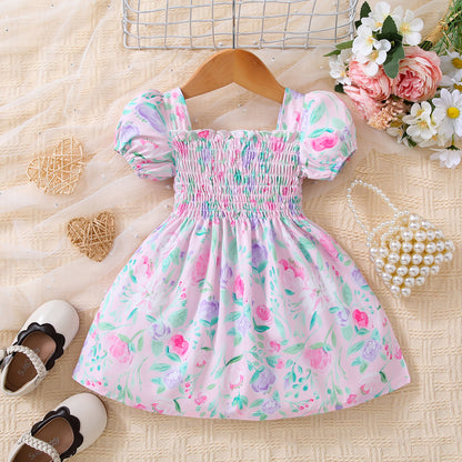 Baby Girl Floral Ruffle Trim Smocked Dress - ChildAngle