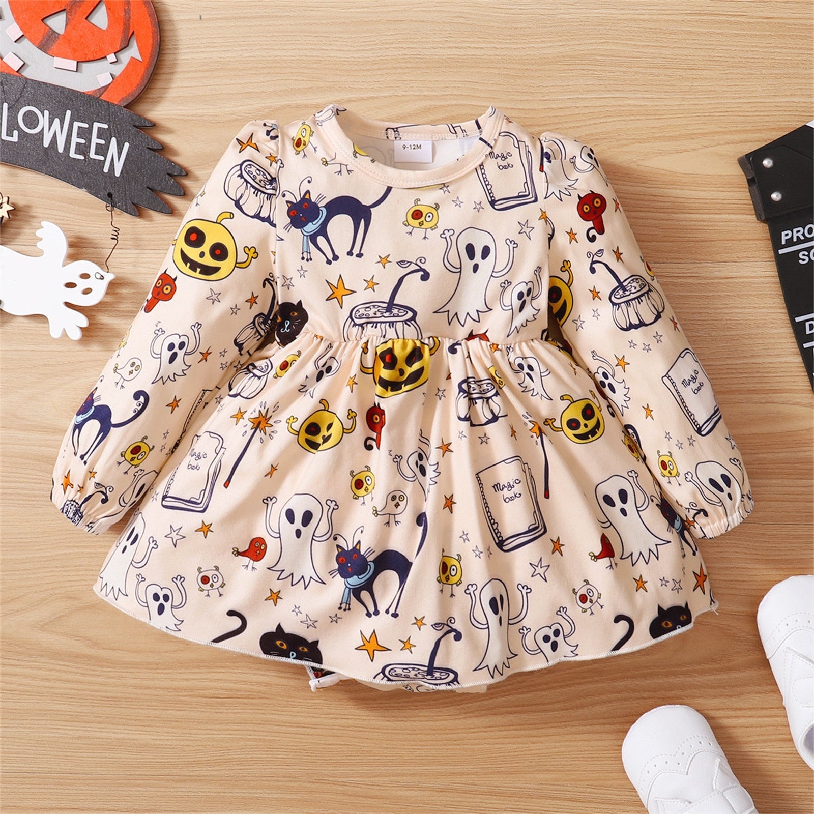 Baby Girls Halloween Long Leeves Baby Romper Pumpkin Ghost Cat Beige Skirt - ChildAngle
