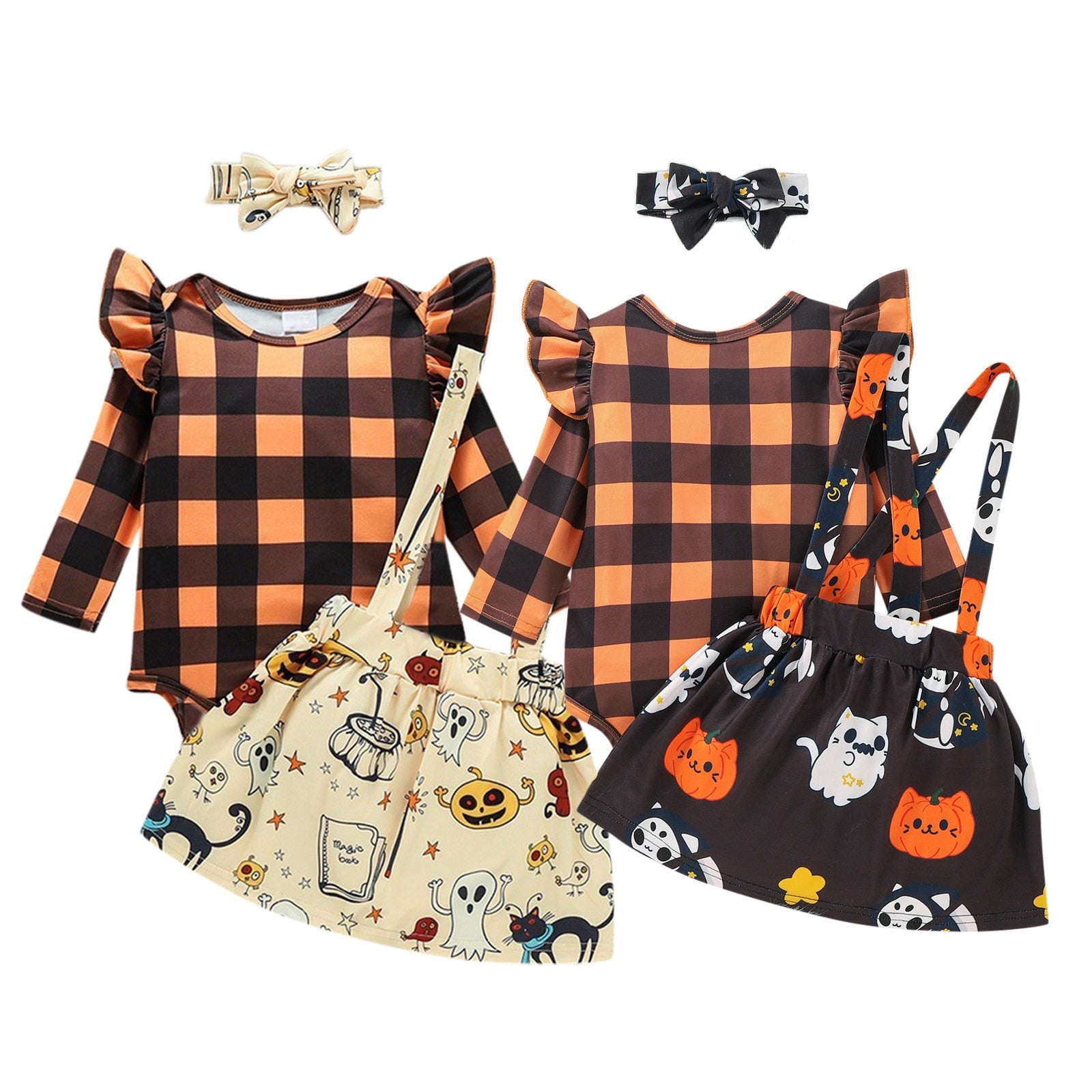 Baby Girls Halloween Plaid Ruffle Long Sleeves Romper Suspender Skirts with Headband - ChildAngle