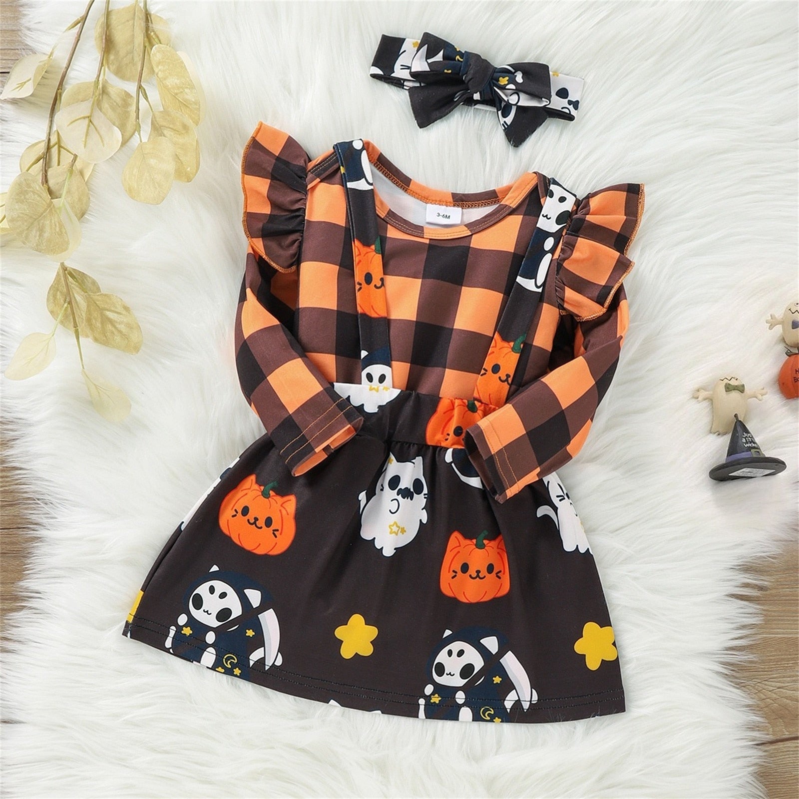Baby Girls Halloween Plaid Ruffle Long Sleeves Romper Suspender Skirts with Headband - ChildAngle