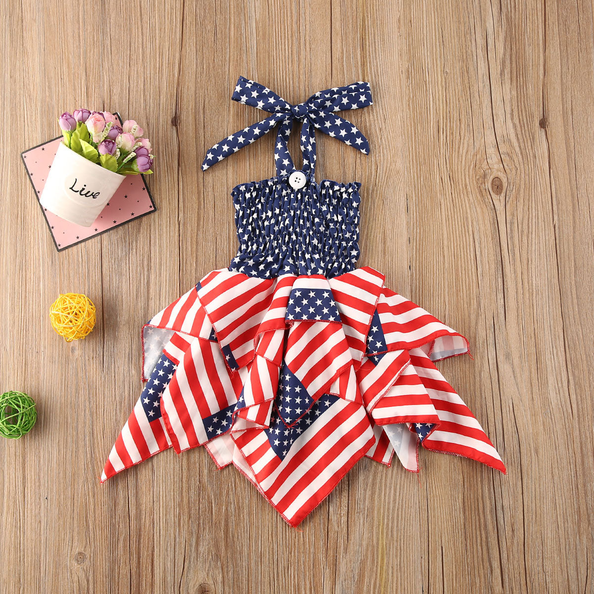 Baby Girls Independence Day Outfit Halter Ruffle Dress 4th of July American Flag Stripe Stars Print - ChildAngle