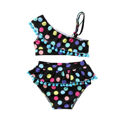 ChildAngle Toddler Girls Polka Dot Tassel One Shoulder Two Piece Bikini Set