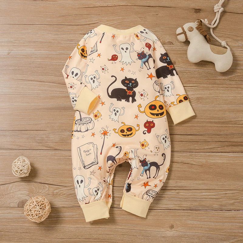 Baby Halloween Pumpkin Black Cat Ghost Print Long Sleeve Jumpsuit - ChildAngle