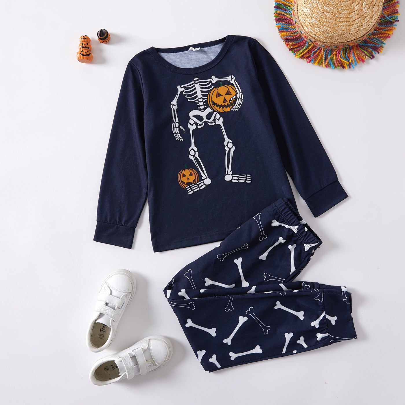 Boys Sleepwear Halloween Pumpkin Skeleton Print Long-sleeve Lounge Set - ChildAngle