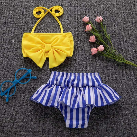 ChildAngle Toddler Girls Baby Swimwear Bowknot Bandeau with Striped Ruffled Bikini Bottom - ChildAngle