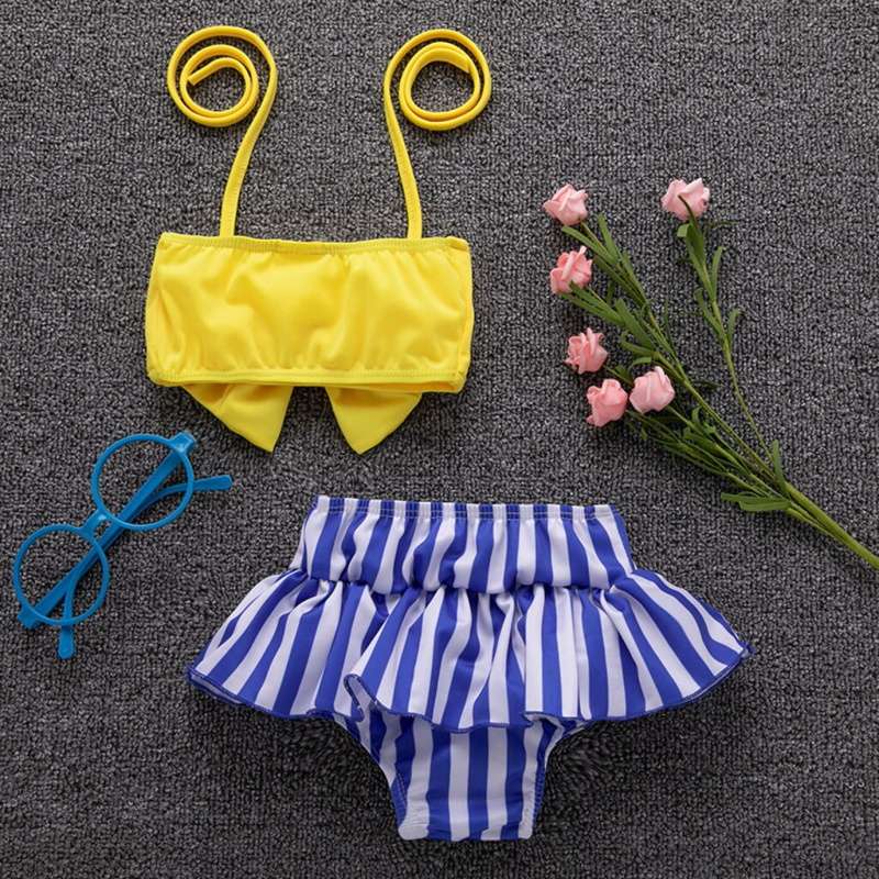 ChildAngle Toddler Girls Baby Swimwear Bowknot Bandeau with Striped Ruffled Bikini Bottom - ChildAngle