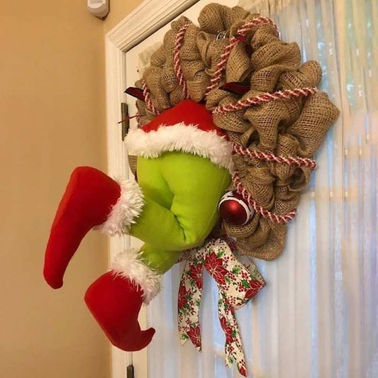 Christmas Tree Ornament Grinch Door Decor Burlap Wreath - ChildAngle