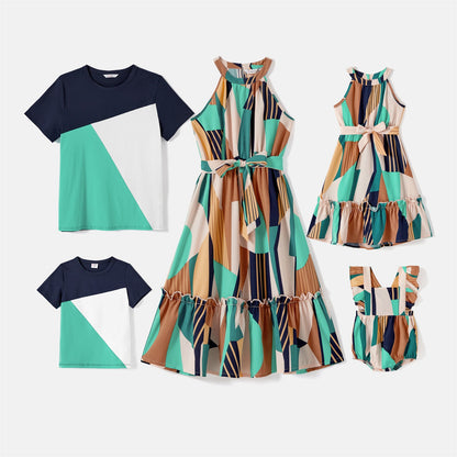 Family Matching Colorblock Sleeveless Belted Halter Dresses and T-shirts Sets - ChildAngle
