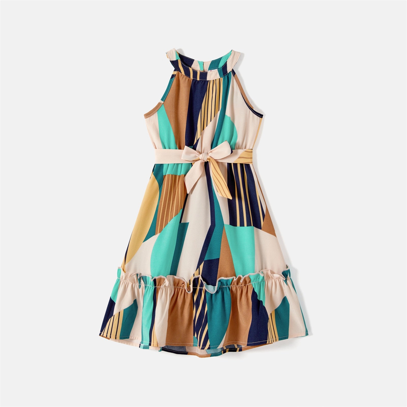 Family Matching Colorblock Sleeveless Belted Halter Dresses and T-shirts Sets - ChildAngle