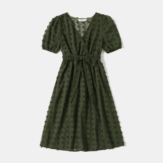 Family Matching Dress Army Green Swiss Dots Cross Wrap V Neck Short-sleeve Dresses and T-shirts - ChildAngle