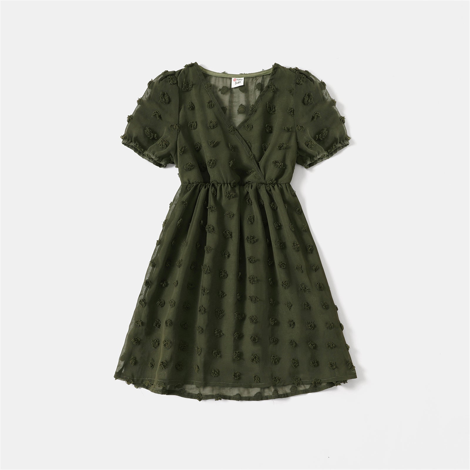 Family Matching Dress Army Green Swiss Dots Cross Wrap V Neck Short-sleeve Dresses and T-shirts - ChildAngle