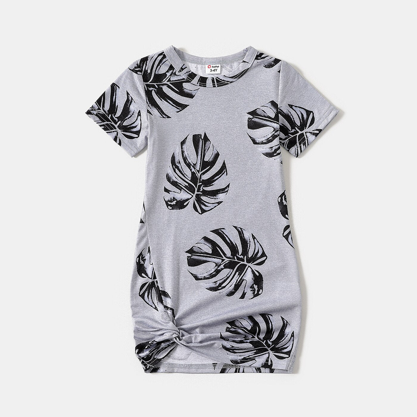Family Matching Dress Palm Leaf Print Short-sleeve Twist Knot Bodycon Dress for Mommy and Me - ChildAngle