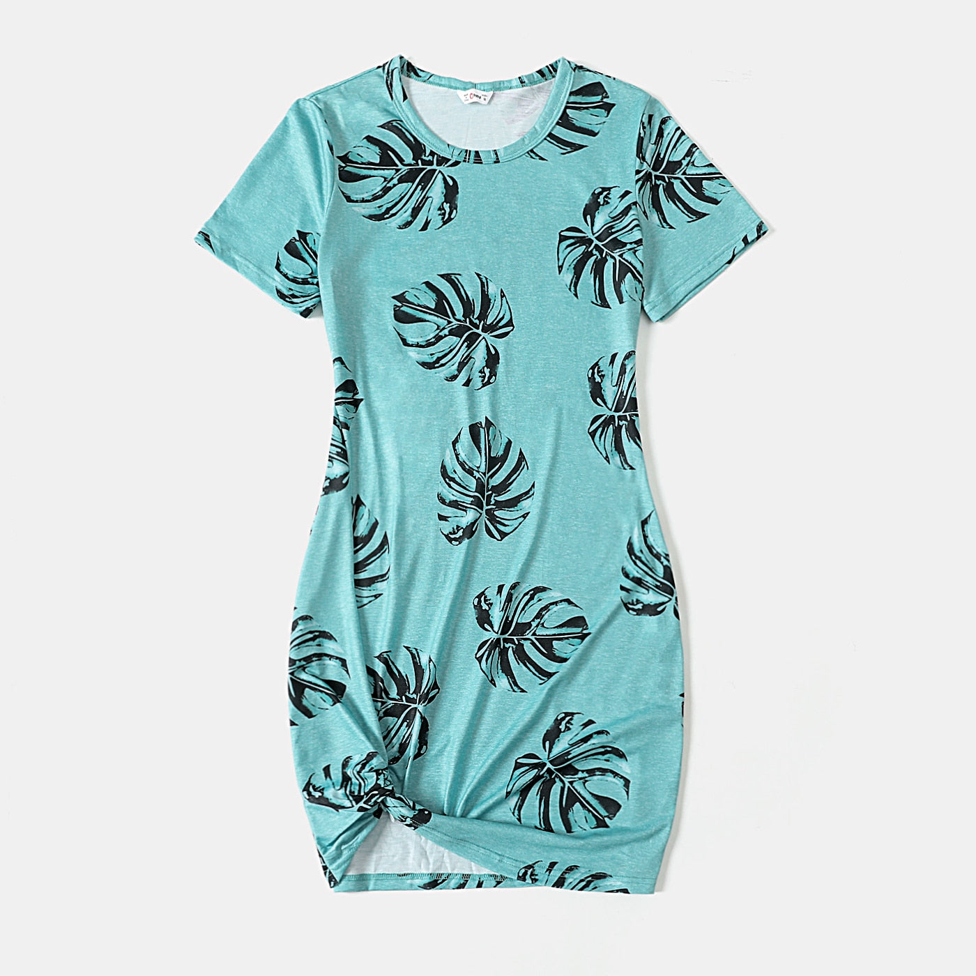 Family Matching Dress Palm Leaf Print Short-sleeve Twist Knot Bodycon Dress for Mommy and Me - ChildAngle