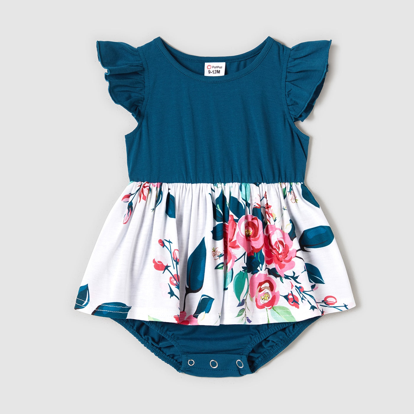 Family Matching Dress V Neck Flutter-sleeve Floral Print Dresses Colorblock T-shirts - ChildAngle