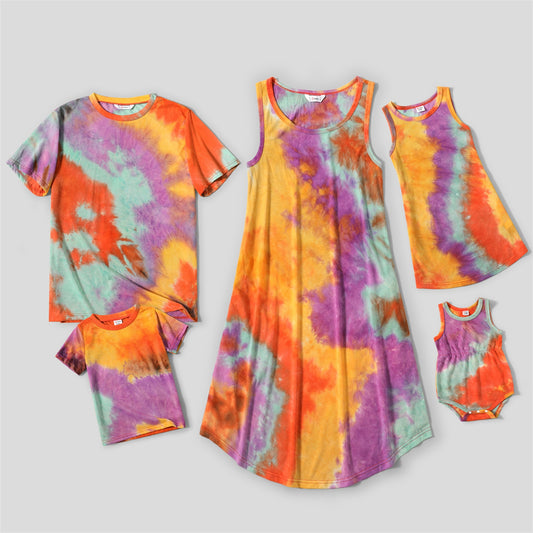 Family Matching Tie Dye Sleeveless Tank Dresses and Short-sleeve T-shirts Sets - ChildAngle