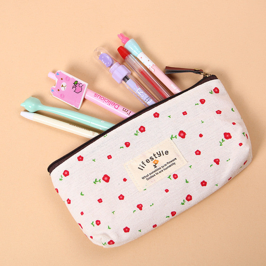 Flower Zipper Pencil Case Floral Canvas Pen Bags - ChildAngle