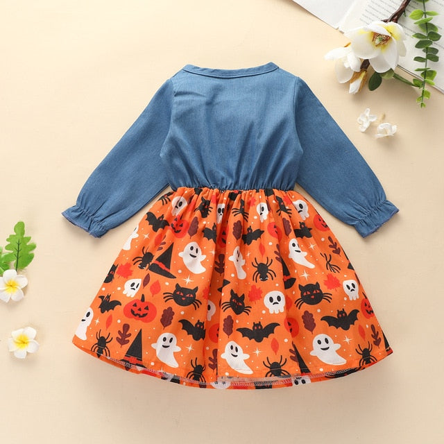 Girls Denim Splice Dresses Toddler Halloween Pumpkin Ghost Pattern Dress - ChildAngle