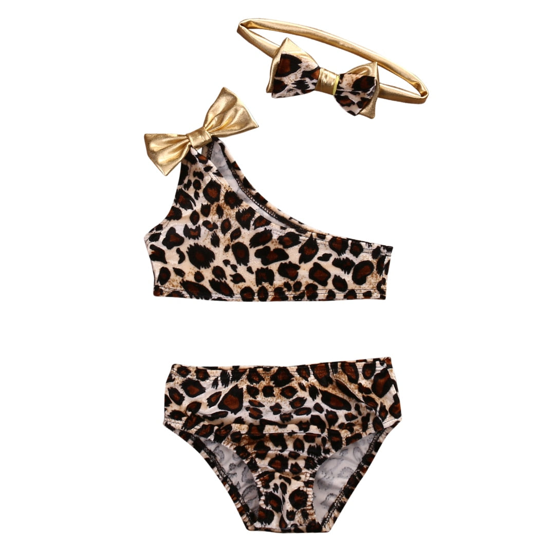 Girls Leopard Off-shoulder Bow Bikini Set - ChildAngle