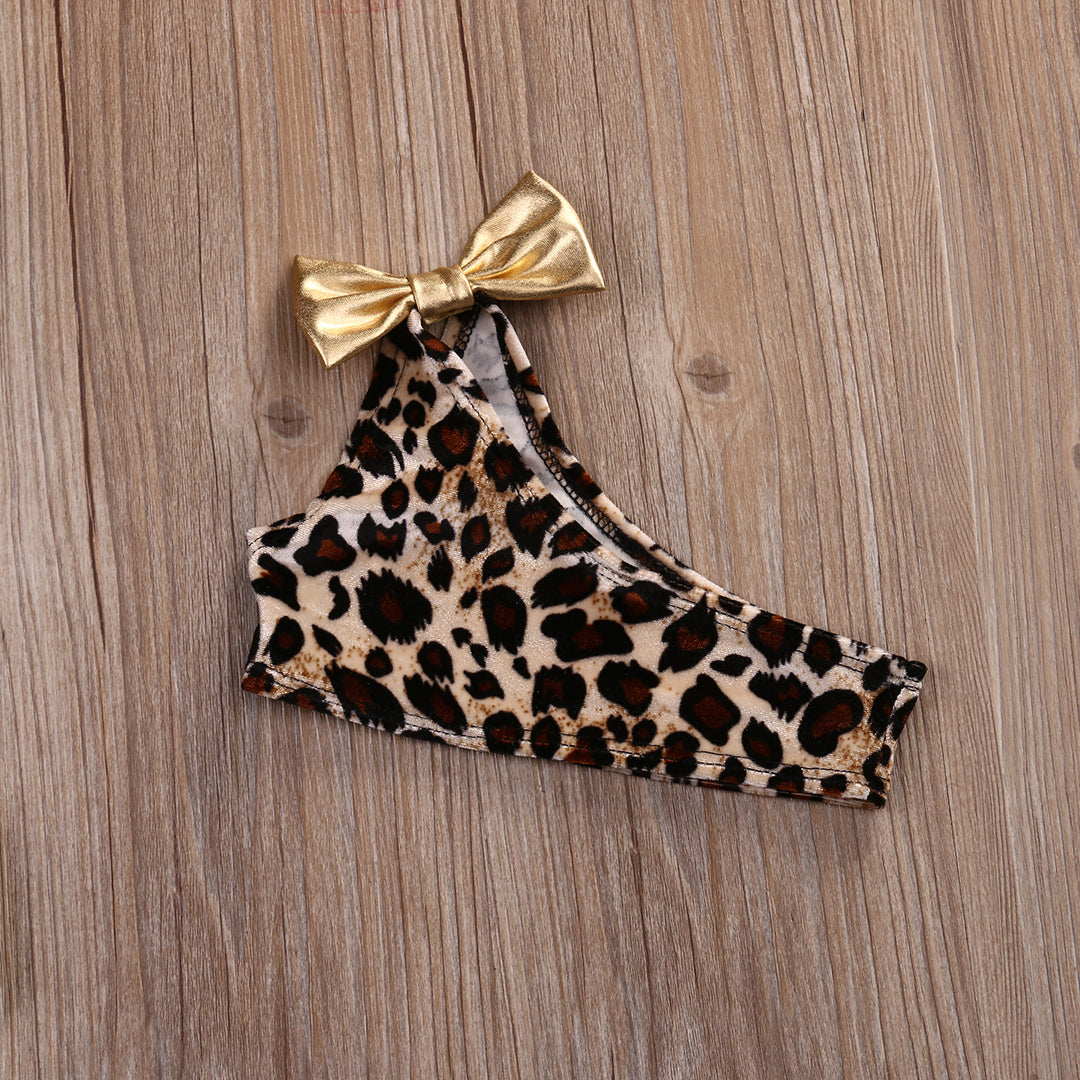 Girls Leopard Off-shoulder Bow Bikini Set - ChildAngle
