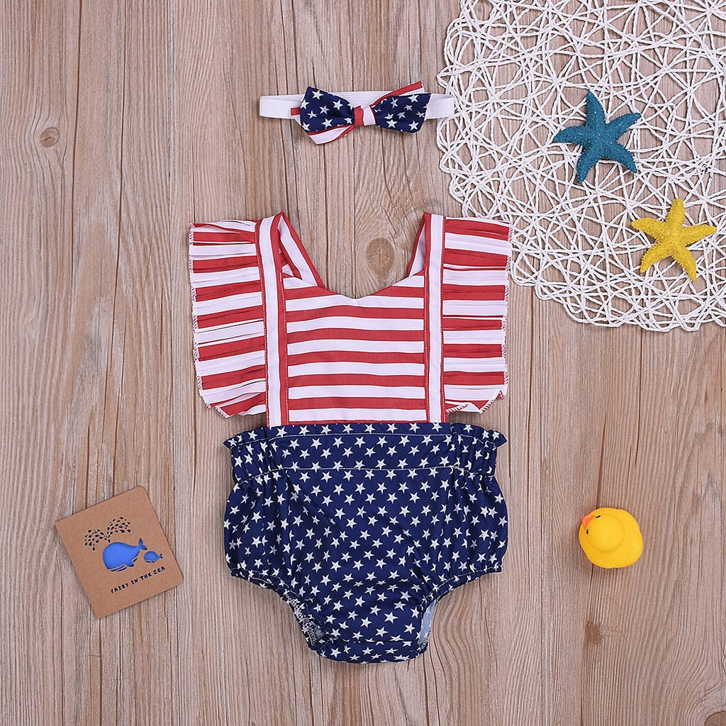 Infant Baby Girls Outfit Rompers 4th Of July Stars Striped Romper Jumpsuit With Hairband - ChildAngle