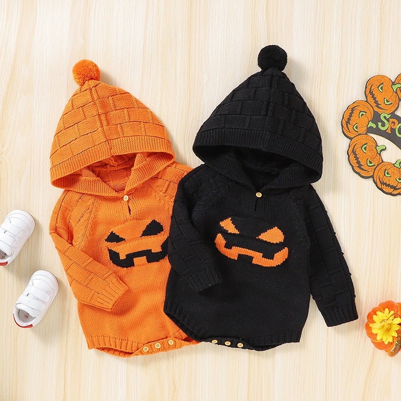 Knitted Halloween Baby Hoodie Pumpkin Long-sleeve Sweater Romper - ChildAngle