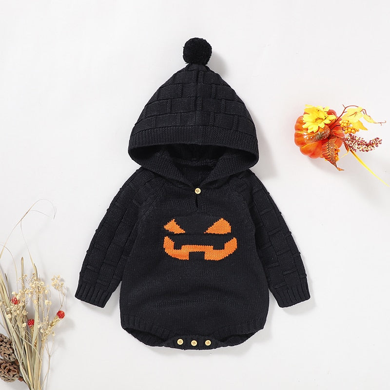 Halloween Pumpkin Knitted Long-sleeve Baby Hoodie Sweater Romper