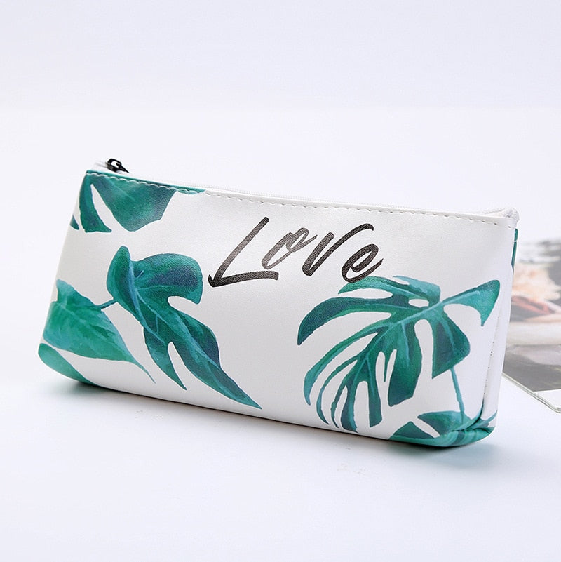 Leaf Print Pencil Case for Girls Cute PU Leather Pen Bag School Stationery Supplies - ChildAngle