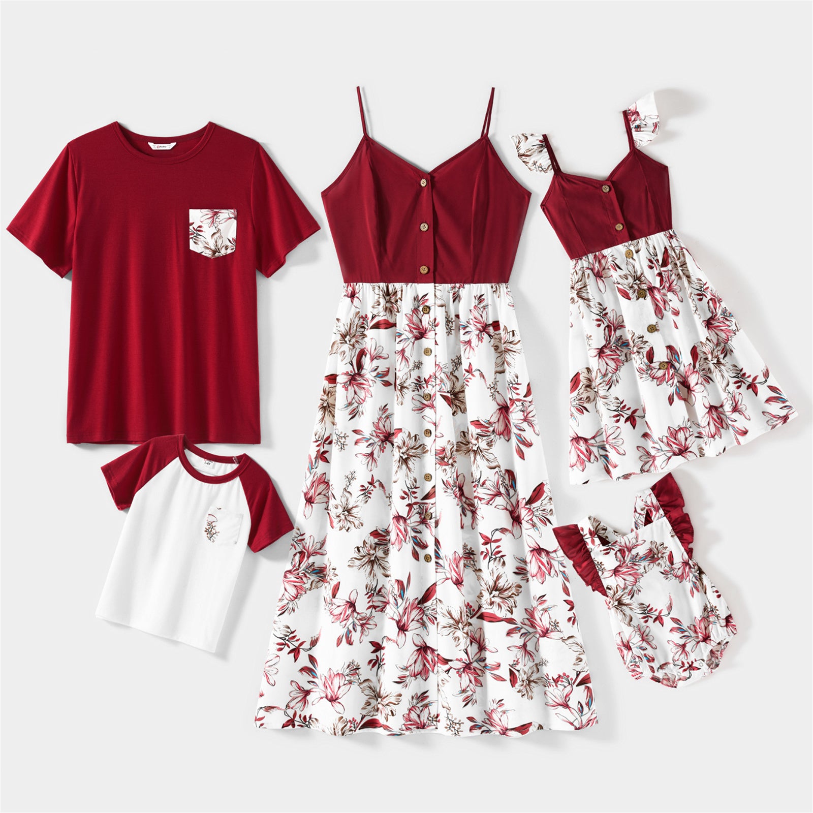 Matching Family Mother Daughter V Neck Floral Spaghetti Strap Dresses Father Son Short-sleeve T-shirts Sets - ChildAngle