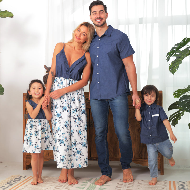 Matching Family Outfits Cotton Denim Sleeveless Dresses for Mommy and Me Denim Shirts for Dad - ChildAngle