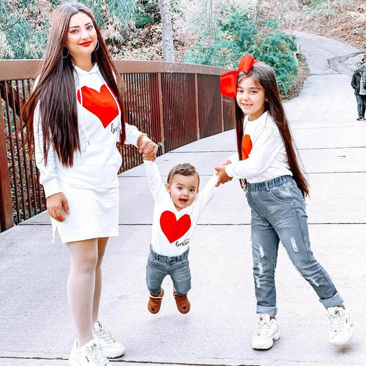 Matching Family Outfits Mommy and Me Long Sleeve Bestie Heart Hoodies Dress - ChildAngle