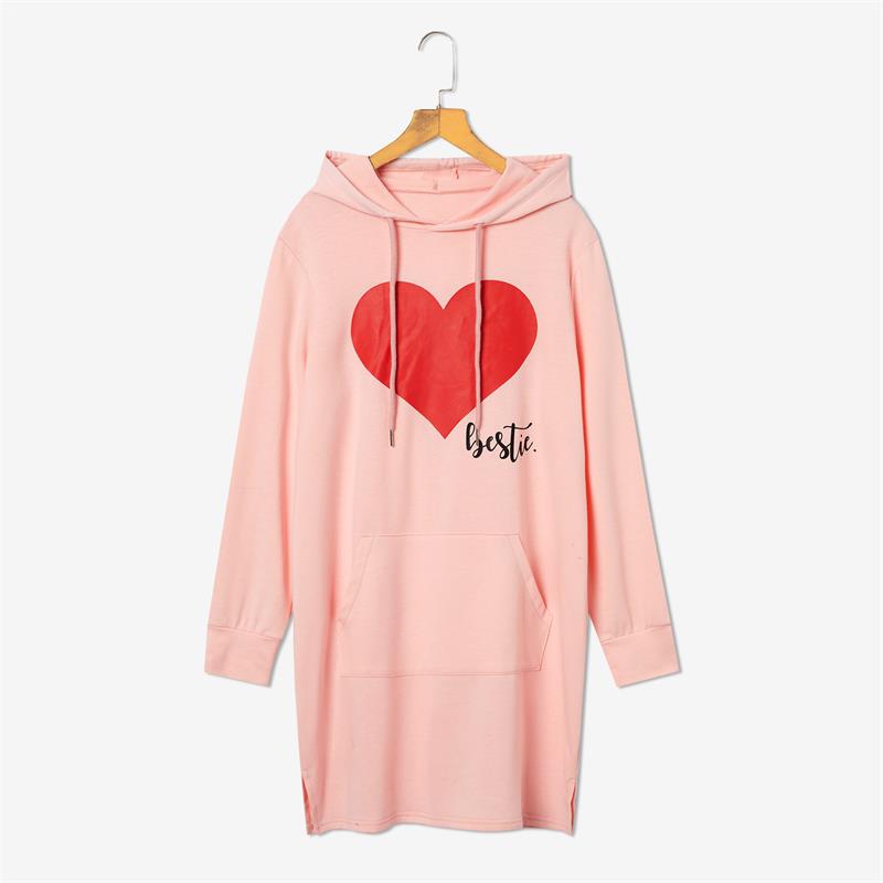 Matching Family Outfits Mommy and Me Long Sleeve Bestie Heart Hoodies Dress - ChildAngle