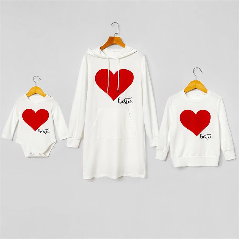 Matching Family Outfits Mommy and Me Long Sleeve Bestie Heart Hoodies Dress - ChildAngle