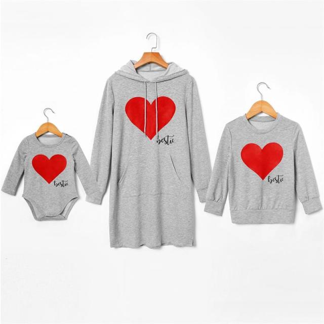 Matching Family Outfits Mommy and Me Long Sleeve Bestie Heart Hoodies Dress - ChildAngle