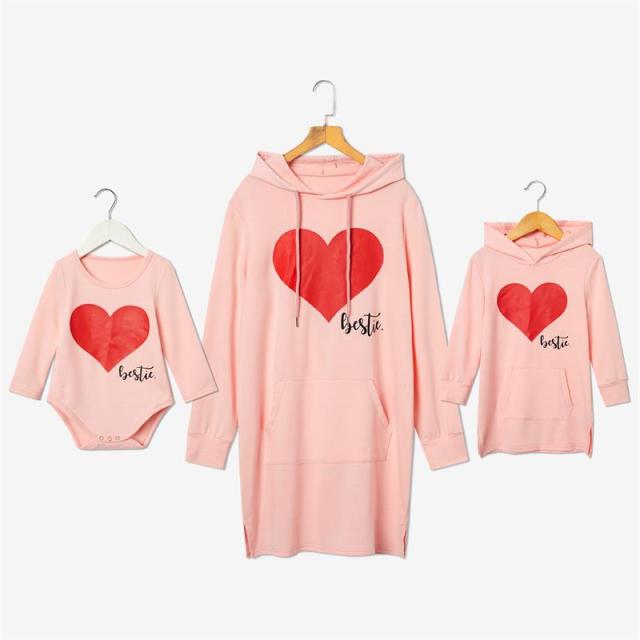 Matching Family Outfits Mommy and Me Long Sleeve Bestie Heart Hoodies Dress - ChildAngle