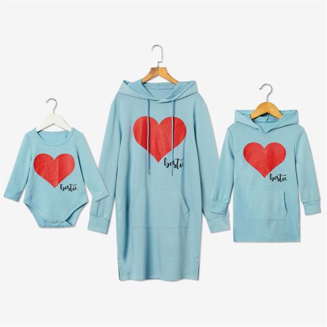 Matching Family Outfits Mommy and Me Long Sleeve Bestie Heart Hoodies Dress - ChildAngle