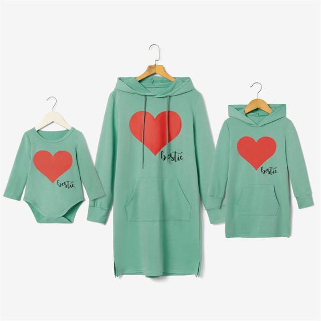 Matching Family Outfits Mommy and Me Long Sleeve Bestie Heart Hoodies Dress - ChildAngle